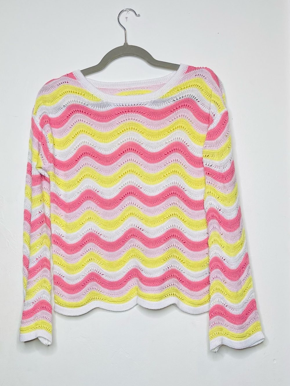 SHEIN Pink Yellow Wavy Striped Crochet Knit Sweater XS